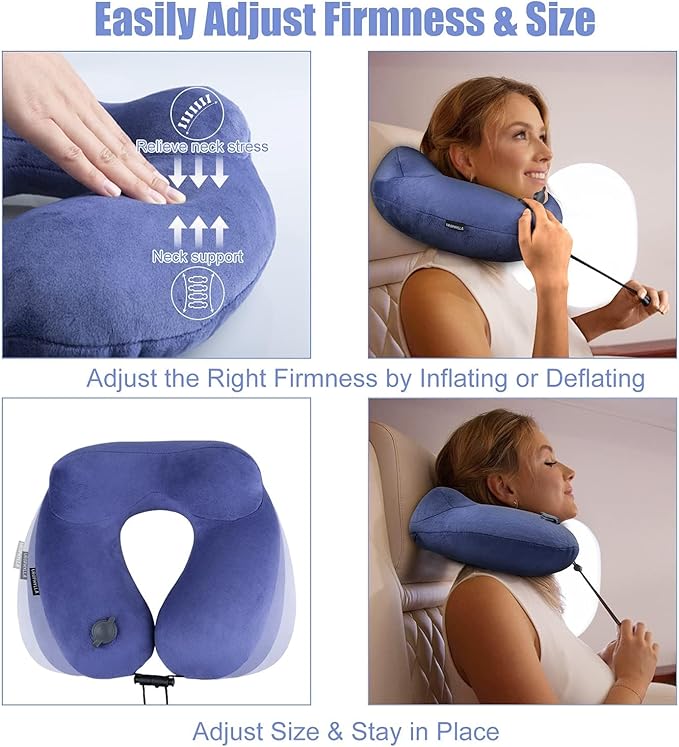 urophylla Inflatable Travel Neck Pillow for Airplanes, Super Soft Velvet Neck Support, Adjustable Firmness, Blow Up Plane Pillow for Long Flights, Road Trips, Travel Essentials with Eye Mask, Earplug