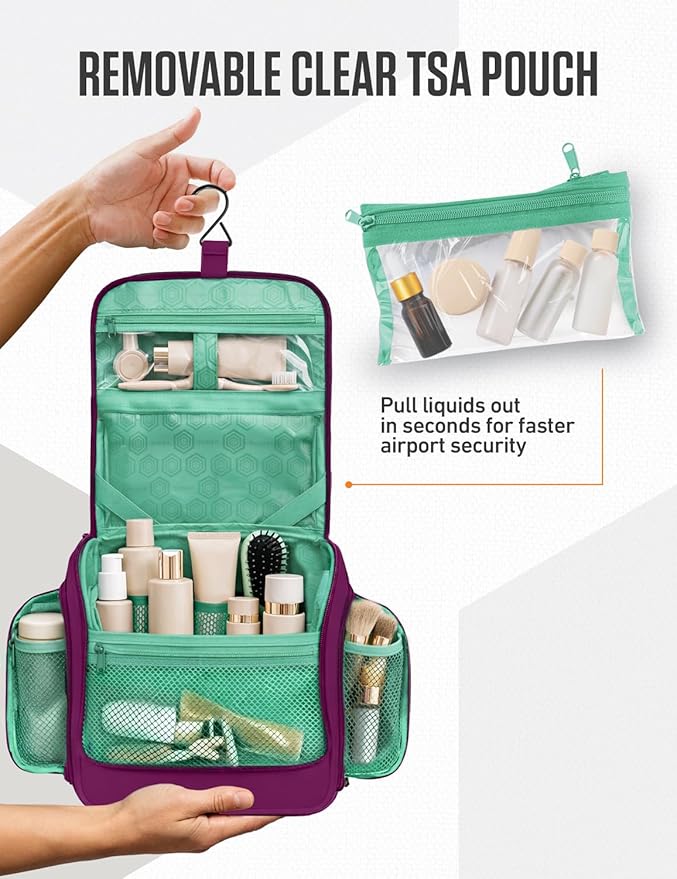 VENTURE 4TH Hanging Travel Toiletry Bag for Women & Men – Large Toiletry Organizer with 18 Compartments, Removable TSA Pouch, Travel Wash Bag for Toiletries, Makeup & Shaving Kit (Purple/Mint)