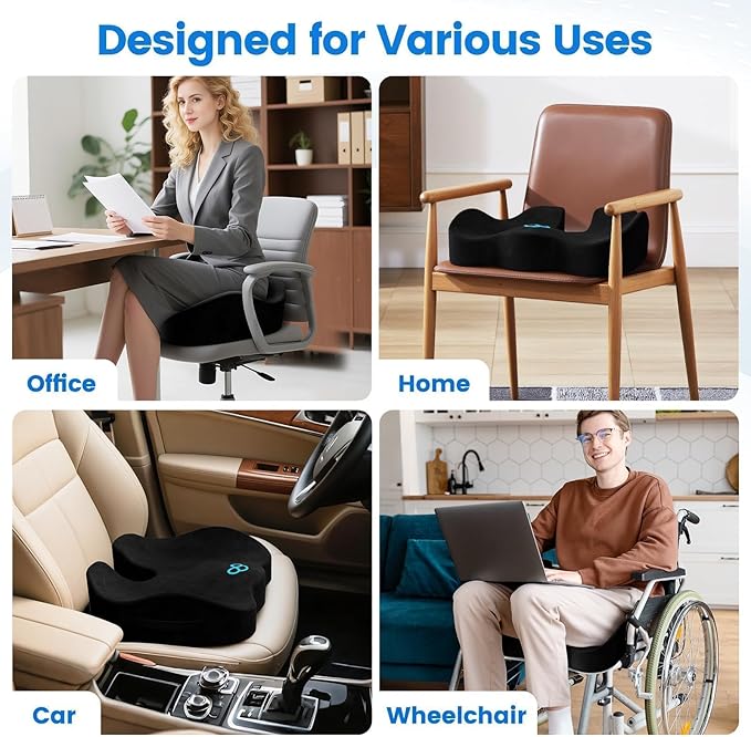 Seat Cushion, Memory Foam Chair Cushions for Tailbone/Sciatica Easing, Chair Pillow with Handles for Car, Office Chair Cushion with Non-Slip Design, Ideal for Post-Surgery Recovery(Black)