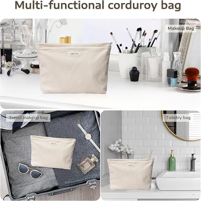 Wudygirl Travel Makeup Bag Large Capacity Cosmetic Bag for Women Corduroy Toiletry Pouch Handbags Zipper Purses Travel Essentials (Beige)
