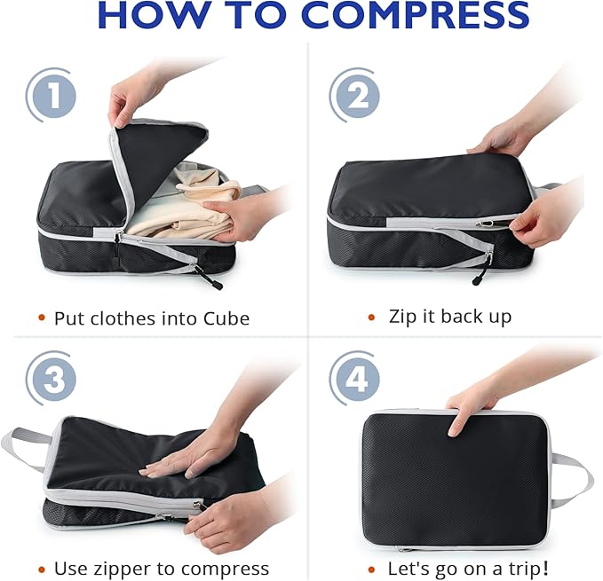 Compression Packing Cubes, 10 Set Packing Cubes for Travel Compression, Lightweight Compressible Package Organizer for Carry On and Suitcases, Black and Grey