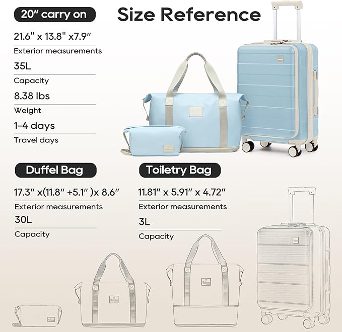 imiomo Carry on Luggage Airline Approved with Front Pocket and USB Port, Hard Shell 20 Inch Travel Carry-on Suitcase with Spinner Wheels and TSA Lock, Lightblue