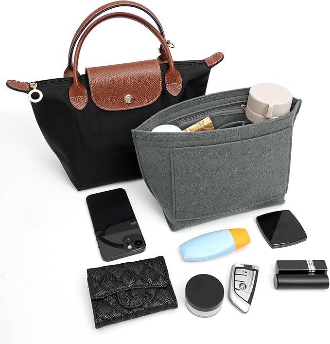LOUKAYCCI Felt Purse Organizer Insert for Longchamp Le Pliage M Handbag Insert (Light Grey, Medium)