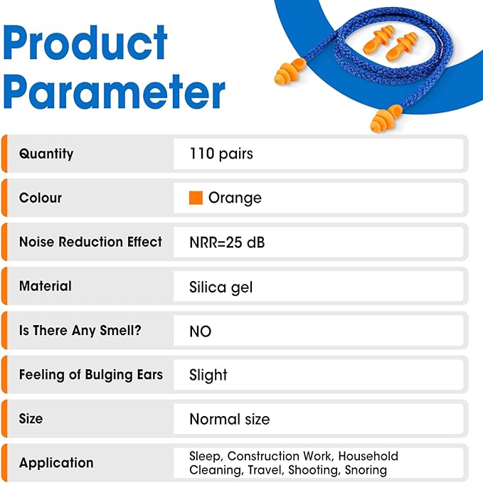 AZEN 110 Pairs Silicone Ear Plugs, Reusable Earplugs for Noise Reduction, 25dB NRR Corded Ear Plug for Sleeping Noise Cancelling, Ear Plug with String Individual Packing