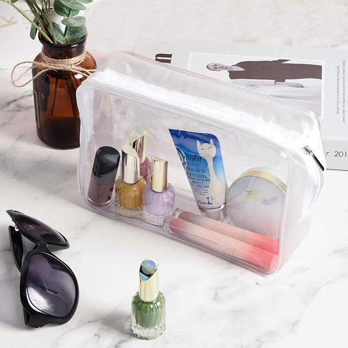 Wobe 5 Packs Clear Cosmetics Bag TSA Approved, PVC Zippered Toiletry Carry Pouch Portable Makeup Bag for Vacation Travel, Bathroom and Organizing Waterproof Makeup Vinyl Case (Large, White)