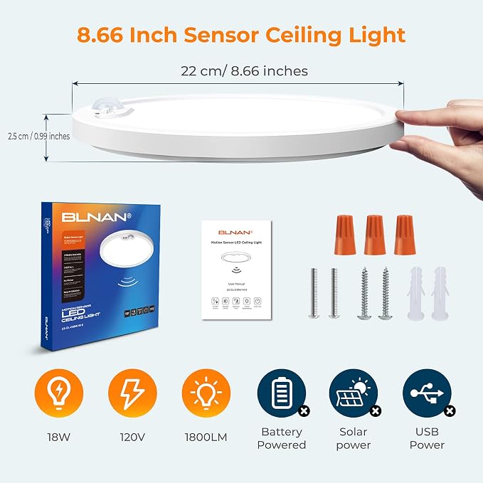 Motion Sensor Ceiling Light Wired, 8.7 Inch 3000K 4000K 5000K Selectable LED Flush Mount Light Fixture, Motion Activated Light with Timer for Hallway Stair Walk-in Closet, Non-Dimmable 1 Pack