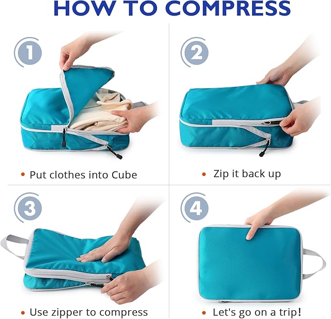 Compression Packing Cubes, 10 Set Packing Cubes for Travel Compression, Lightweight Compressible Package Organizer for Carry On and Suitcases, DustyBlue and Grey