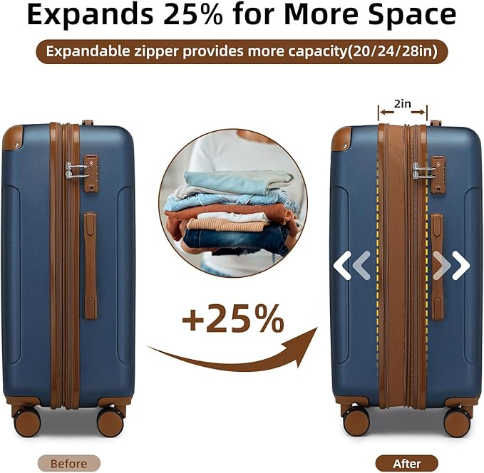 6 Piece Luggage Set Hard Shell - Navy Blue Expandable Suitcases with Spinner Wheels and Duffel Bags for Family Travel, Durable Carry On Luggage Sets with Lock for Women and Men