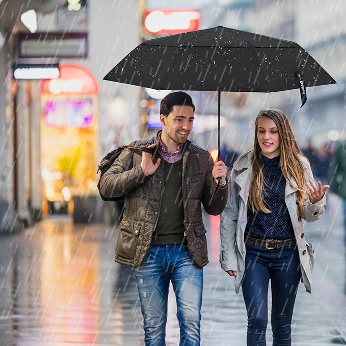 TradMall Travel Umbrella, 42/45 Inches Double Vented Canopy Windproof Automatic Strong Compact Folding Umbrellas for Rain Women and Men