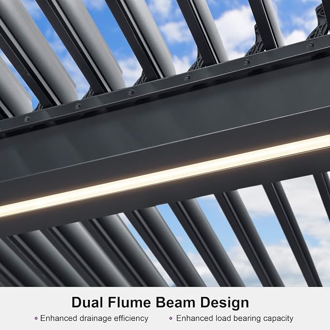 PURPLE LEAF Louvered Pergola 12' x 16' 94AS LED Strip Light 53mph Windproof | Rainproof System, Two Adjustable Roofs, 53Mph Wind, Zero-Rust Aluminum, Plus Hidden LED Ambient Lights.