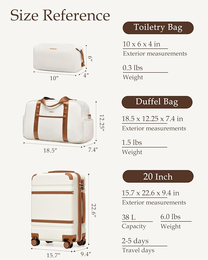 LONG VACATION Carry On Luggage Set 3 Piece, 20 Inch ABS+PC Hardshell Carry on Suitcase with Spinner Wheels TSA Lock & YKK Zipper