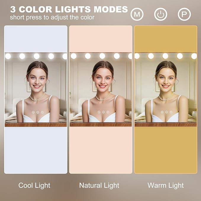 Ratsamee Wood Grain Hollywood Vanity Mirror with Lights, 15 Dimmable Bulbs, 3 Color Lights,Make Up Lighted Mirror, Aluminum Metal Frame, USB Charging Port(23" x 18")