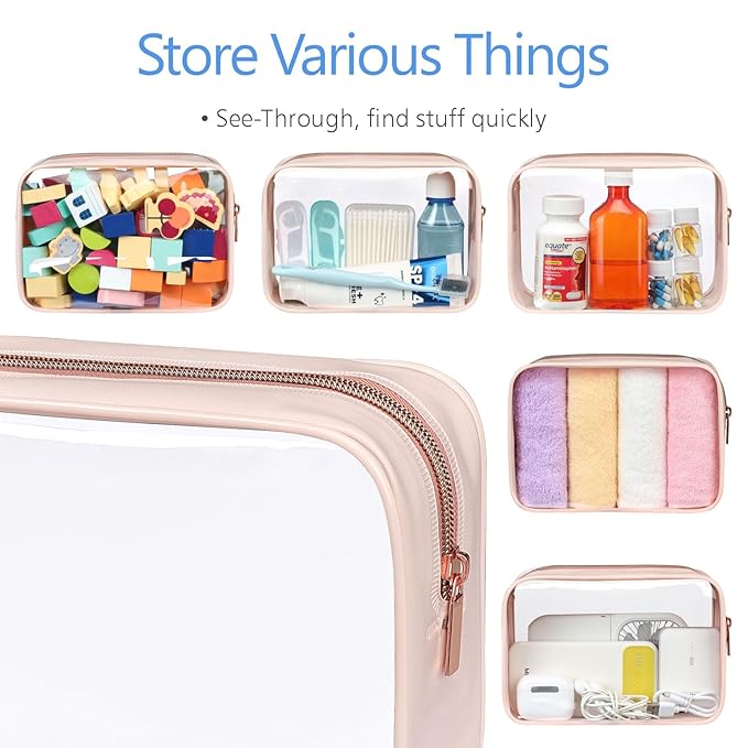 F-color TSA Approved Toiletry Bag 3 Pack Medium - Clear Makeup Bag Travel Quart Size for Women Men, Clear Cosmetic Bag Airport Airline Compliant Carry on Bag, Nude Pink
