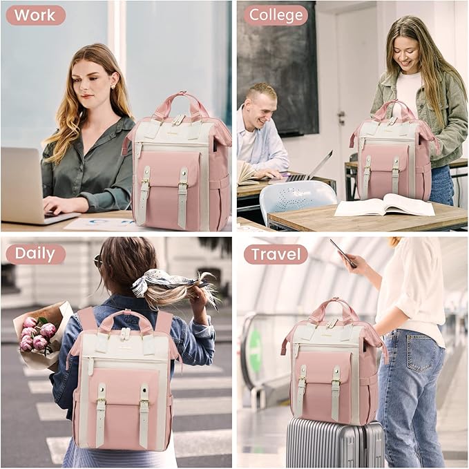 LOVEVOOK Laptop Backpack for Women Work Travel Computer Backpacks Purse, Nurse Bag Teacher Business Laptop Bag, Fashion College Backpack Casual Daypack, 15.6 Inch, Pink-Beige-Beige