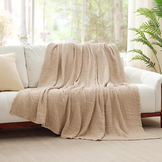 100% Cotton Muslin Blanket Twin 60" x 80", Breathable and Lightweight Cotton Twin Blankets for Couch, Soft Cooling Summer Gauze Blanket for Adults All Season, Beige