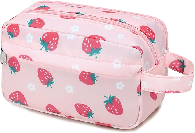 CAMTOP Travel Toiletry Bag for Kids Cute Toiletry Bags for Boys Girls Waterproof for Toiletries Accessories Bathroom Stuff (Pink Strawberry)