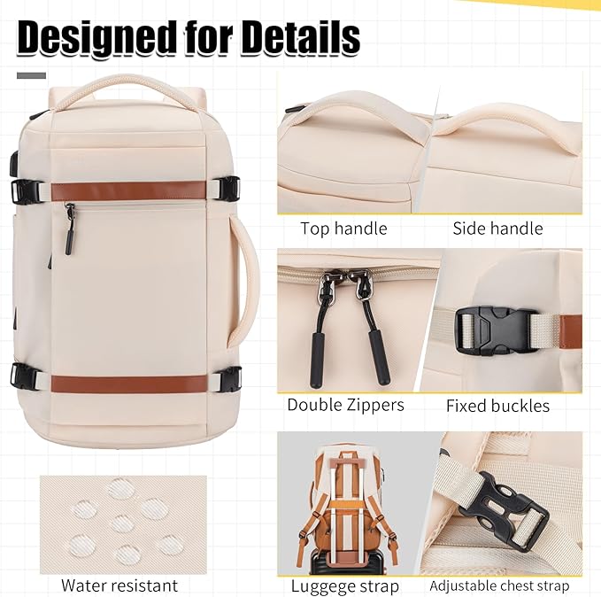 42L Travel Backpack with 4 Packing Cubes, TSA Friendly Flight Approved Carry-On Bag, Water-Resistant Business Backpack for Men Women, Fits 17.3" Laptop (Off-white)