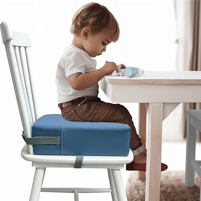 Toddler Booster Seat Dining Table Kitchen Chair, Waterproof Anti-Scratch PU Cushion, Non-Slip Bottom, Adjustable Buckle Straps, Easy Clean Portable Seat Cushion (Blue)