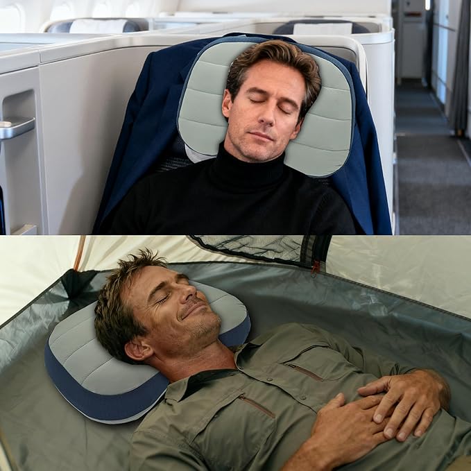 Inflatable Travel Camping Pillow - Ultralight, Portable, Removable, Double Cotton Cover Pillow for Neck Support with Storage Bag for Camping, Traveling, Backpacking, Hiking