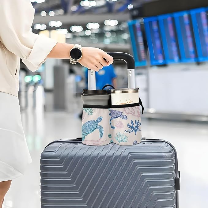 Line Turtles Starfish and Coral Luggage Cup Holder Travel Portable Free Hand Drink Carrier Suitcase Drinks Beverage Holder Carry-On Bottle Mug Holder Organizer Bag Travelers Accessories