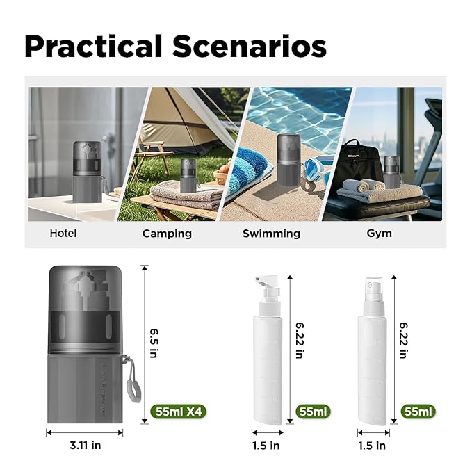 YOTIME 4 in 1 Travel Dispenser Bottle, Vacuum Silicone Suction Cup for Smooth Walls, TSA Approved Leak Proof Travel Size Containers for Toiletries, Shampoo, Body Wash and Conditioner, Gray