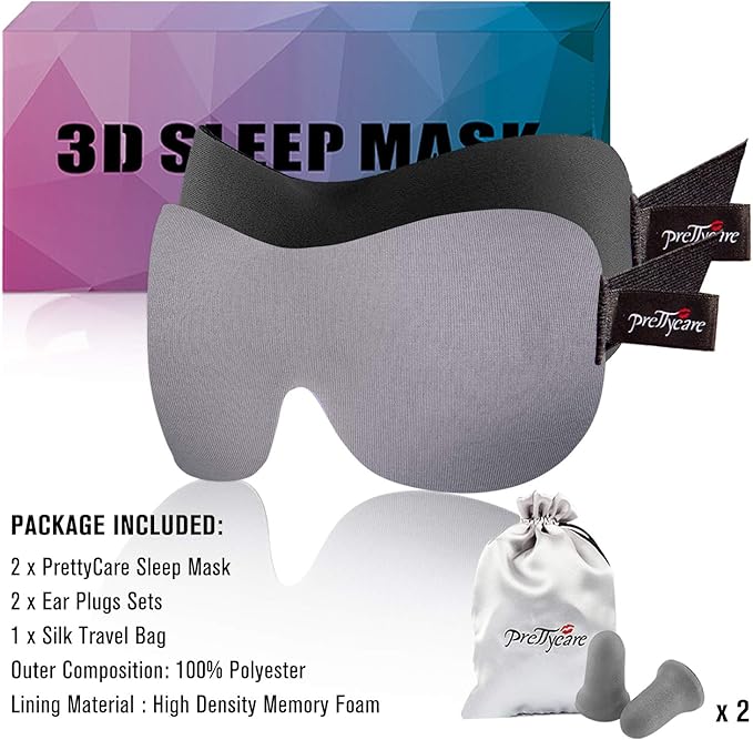 PrettyCare 3D Sleep Mask 2 Pack,Eye Mask for Side Sleeper -3D Contoured Sleeping Mask Blackout Out for Men Women - Zero Eye Pressure Blindfold with Ear Plugs, Night Masks with Travel Bag (Black&Grey)