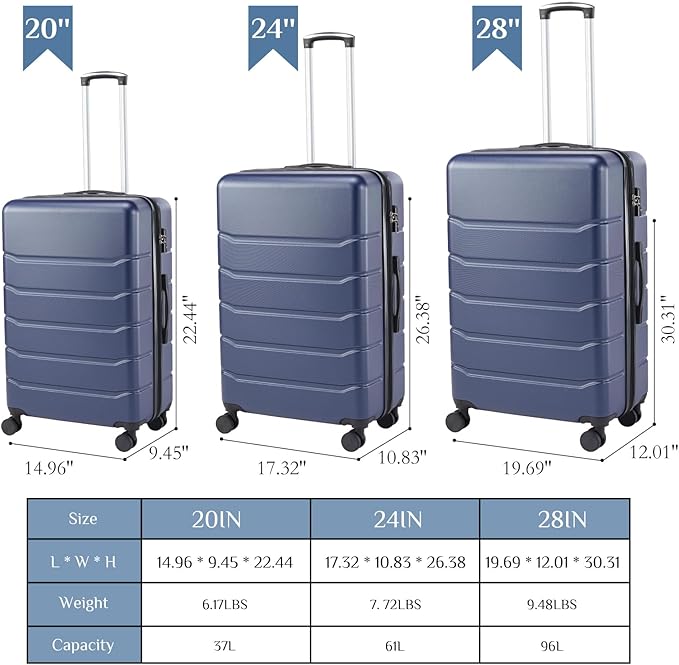 OLIXIS 3-Piece Luggage Set, Carry On Suitcases with Spinner Wheels, Expandable Travel Luggage with TSA Approved Lock & ABS Hard Shell, Blue(20/24/28 Inch)