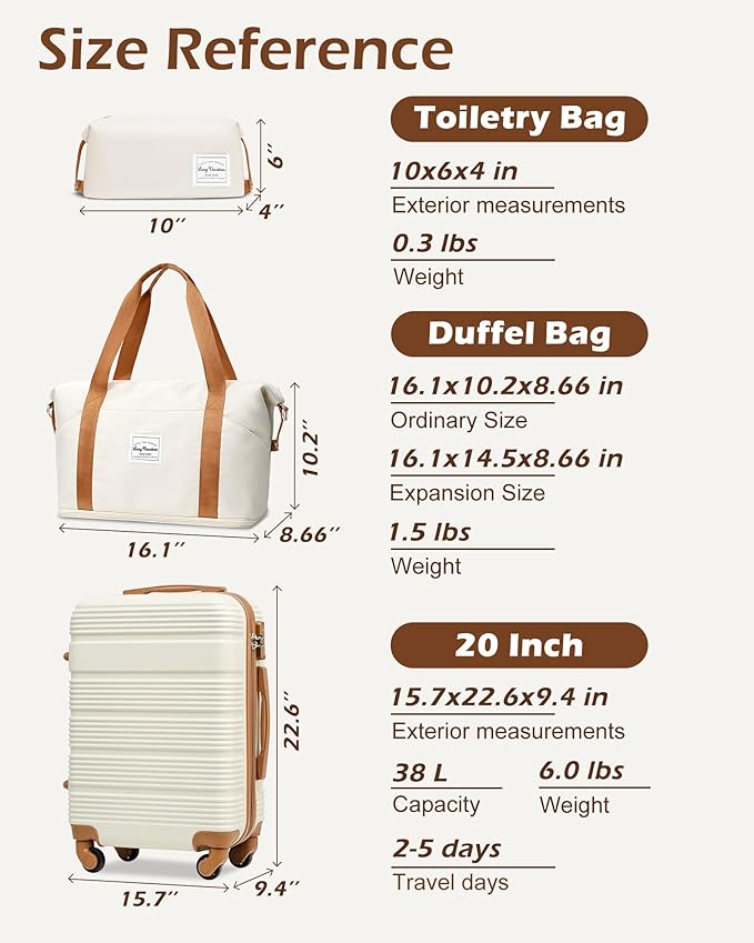 LONG VACATION 3 Piece Carry On Luggage 20 Inch Carryon Suitcase with Spinner Wheels, ABS+PC Hardshell Suitcase set with TSA Lock & YKK Zipper