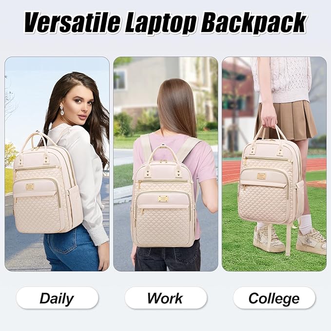 Tealari Laptop Backpack for Women,15.6 Inch Laptop Backpack for Work,Water Resistant Travel Backpack,College Bookbag with Wallet (Beige)