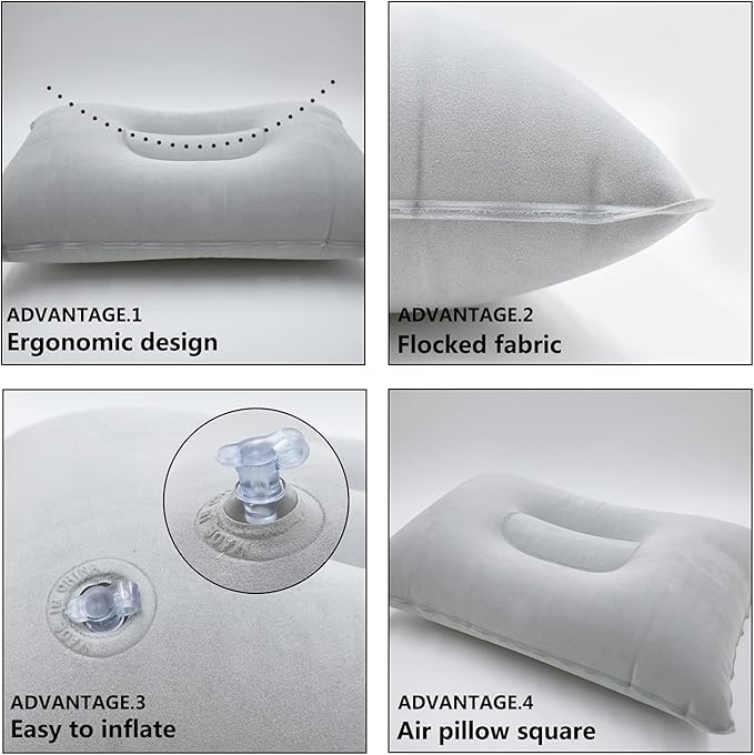 2 Pack Gray Ultralight Inflatable Pillow Small Squared Flocked Fabric Air Pillow for Beach Camping,Traveling,Hiking,Napping,Desk Rest,Neck & Lumbar Support
