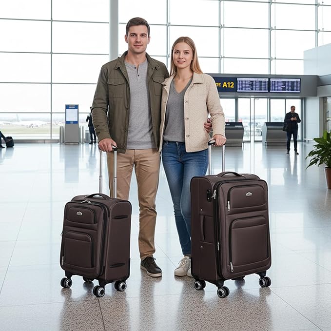Softside Luggage Sets 2 Piece,Expandable 15% Lightweight Durable Suitcase Sets Double Spinner Wheels w/Combination LOCK (Coffee,20in/26in)