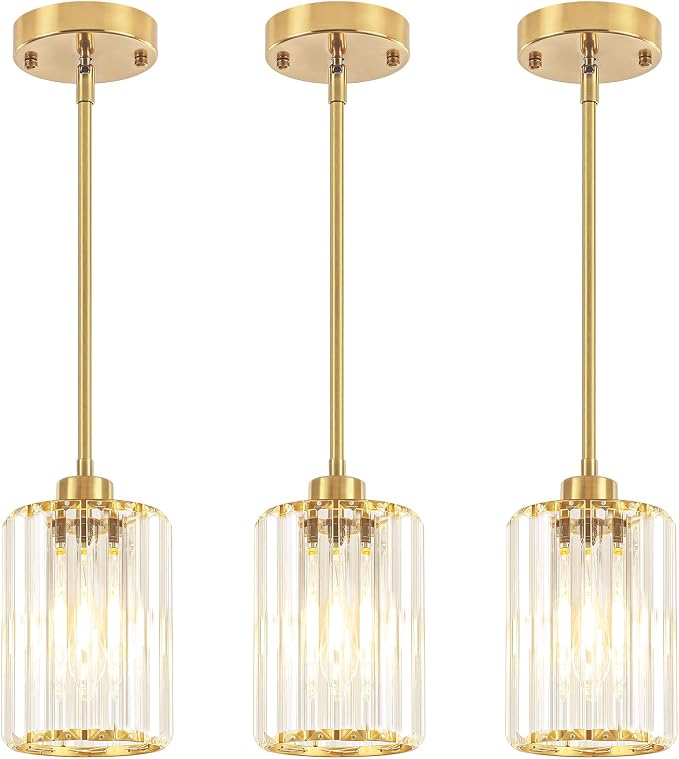3 Pack Brushed Brass Pendant Lights Over Island Kitchen Light Fixture | Adjustable Height Hallway Ceiling Lights, Modern Crystal Hanging Pendant Lighting for Dining Room Bathroom Above Sink