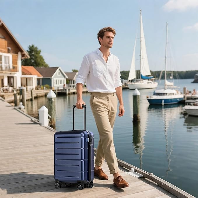 KYME Carry On Luggage 22x14x9 Airline Approved Hardshell Carry On Suitcases with Wheels Travel Rolling 20 Inch Luggage with Cup Holder for Women Men,Carry-on Navy