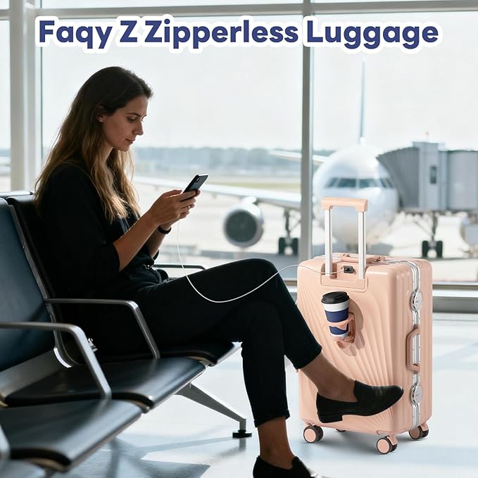 20 Inch Carry On Luggage, Zipperless Luggage with Spinner Wheels, Airline Approved Suitcase with Cup Holder, TSA Lock and USB Charger for Travel, Light Pink