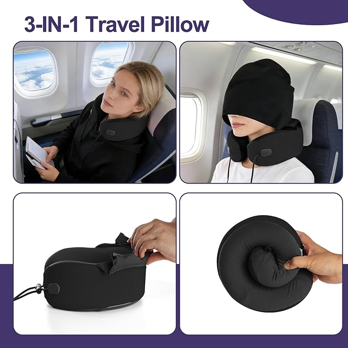 Neck Pillow for Travel, Premium Carbon-Infused Memory Foam, Cooling Fabric Pillow for Airplane, 360° Neck Support for Long Flights, Hooded Travel Pillowl for Planes, Cars and Office, Hooded, Black