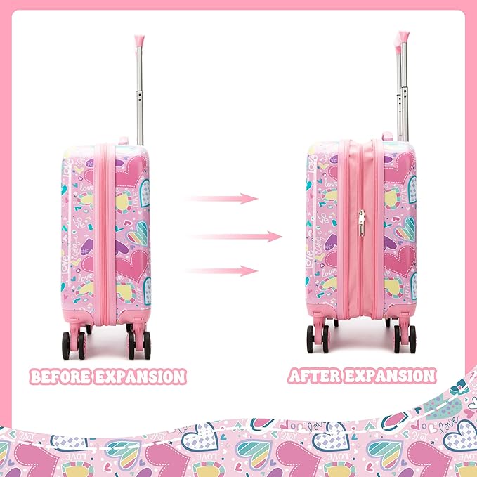 Kid's Luggage Set 16inch 2 Piece Suitcase Set Hardside Luggage with Spinner Wheels Girls Carry on Toddler Travel Rolling Suitcase with Neck Pillow Airline Approved