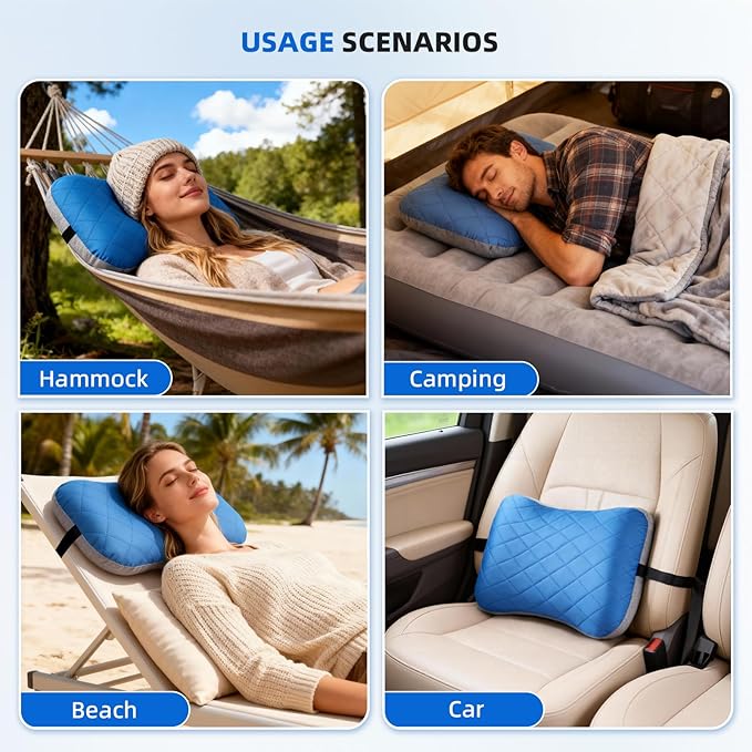 aiGear Inflatable Camping Pillow, Ultralight Compact Air Pillow Ergonomic Neck & Lumbar Support Portable Inflatable Pillow with Removable Washable Cover for Travel Backpacking Hiking (Blue)