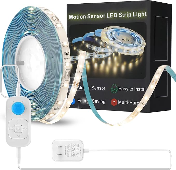 Motion Sensor LED Strip Light, Cabinet Strip Lights with 24W Plug | Dimmer and Timing, 9.84ft 3000K WarmWhite 2PCS