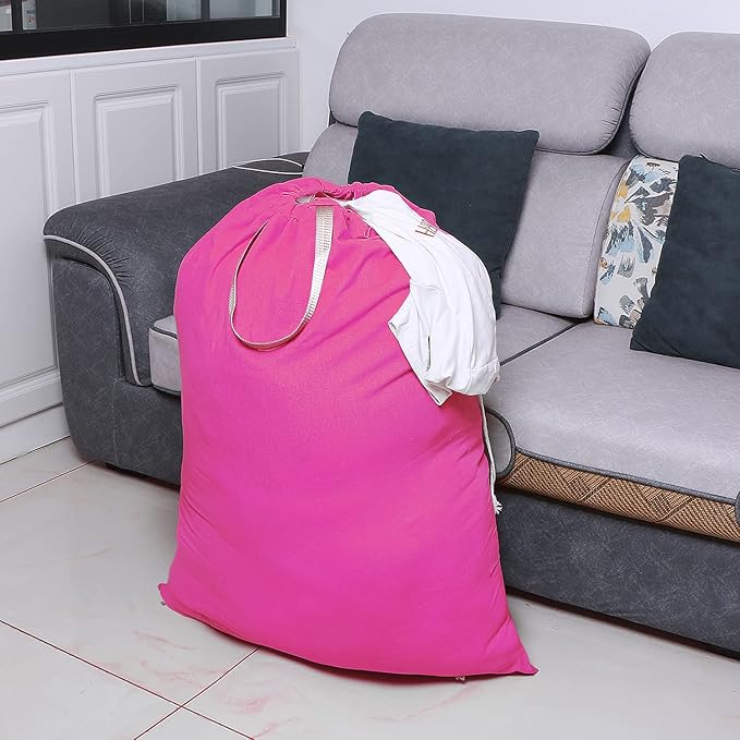 Heavy Duty Laundry Bag with Drawstring and Handle, Extra Large Travel Dirty Clothes Bag for Laundromat and Household, Durable Rip-Stop Laundry Hamper Liner, 28 x 40 Inch by SANFERGE, Hot Pink
