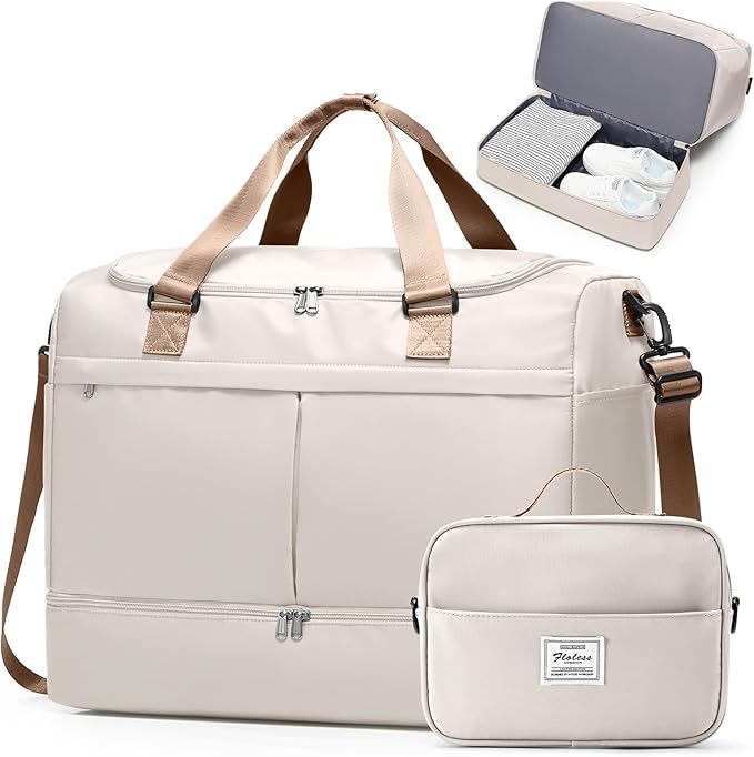 Large Travel Duffel Bag,Weekender Bag for Women with Shoe Compartment & Toiletry Bag, Overnight Carry on Bag for Travel, Gym, Hospital, Business,Beige & Brown