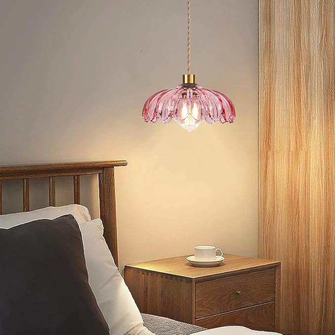 QIYIZM Pink Plug in Pendant Light Glass Hanging Lights with Plug in Cord Boho Hanging Lamp Gold Mid Century Modern Vintage Dimmable Flower Plug in Chandelier Ceiling Fixture for Living Room,Bedroom