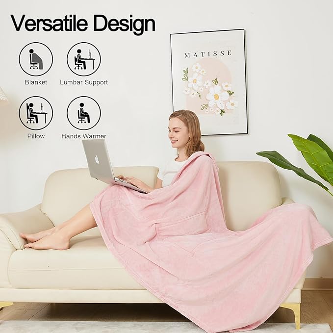 Travel Blanket Pillow, Premium 2 in 1 Flannel Airplane Blanket Compact for Travel,Office, Home,Travel Essentials Accessories for Plane and Car,Compact Office Blanket (Pink)