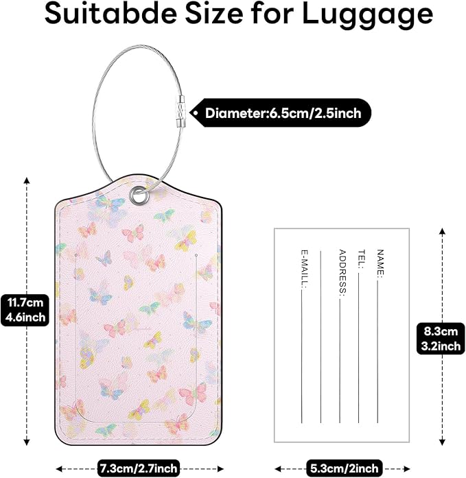 2 Pack PU Leather Luggage Tags for Suitcases, Privacy Protection Cover with Stainless Steel Loop and Address Card, Travel Cruise Essentials (Pink Butterfly)