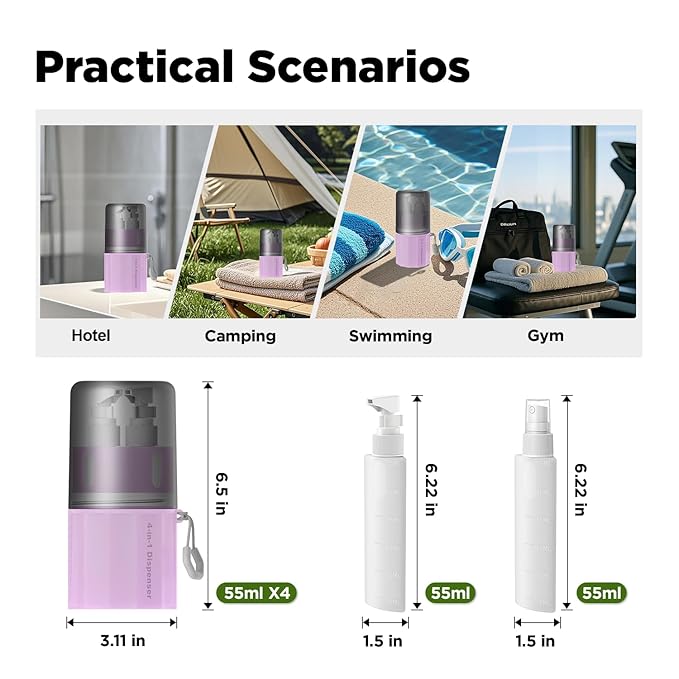 YOTIME 4 in 1 Travel Dispenser Bottle, Vacuum Silicone Suction Cup for Smooth Walls, TSA Approved Leak Proof Travel Size Containers for Toiletries, Shampoo, Body Wash and Conditioner, Pink