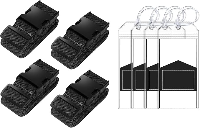 8 Pack Luggage Straps and Cruise Luggage Tags Set (4 Straps, 4 Wide Tags), Luggage Straps for Suitcases TSA Approved Suitcase Tags, Black