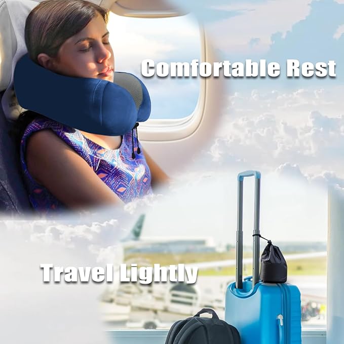 Travel Pillow, Memory Foam Neck Pillow for Traveling, U Shape Neck Pillow Airplane Portable Flight Pillow Travel Kit with 5D Contoured Eye Masks and Earplug for Plane Train Car Home Office - Blue