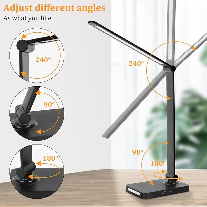 LED Desk Lamp with USB Ports,Touch Desk Lamps for Home Office with 5 Modes | 3 Brightness Desk Light with Small Night Light,Reading Lamp Table Lamp for Bedroom Bedside Study Black (with adapter)
