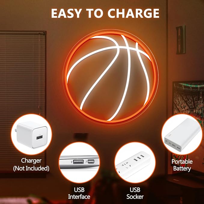 Basketball Neon Sign, 12.6×12.6 Inch Basketball Led Neon Light, Dimmable LED Neon Signs for Wall Decor, Powered by USB Wall Decor Aesthetic, Sports Neon Signs for Room Bedroom Shop Decor