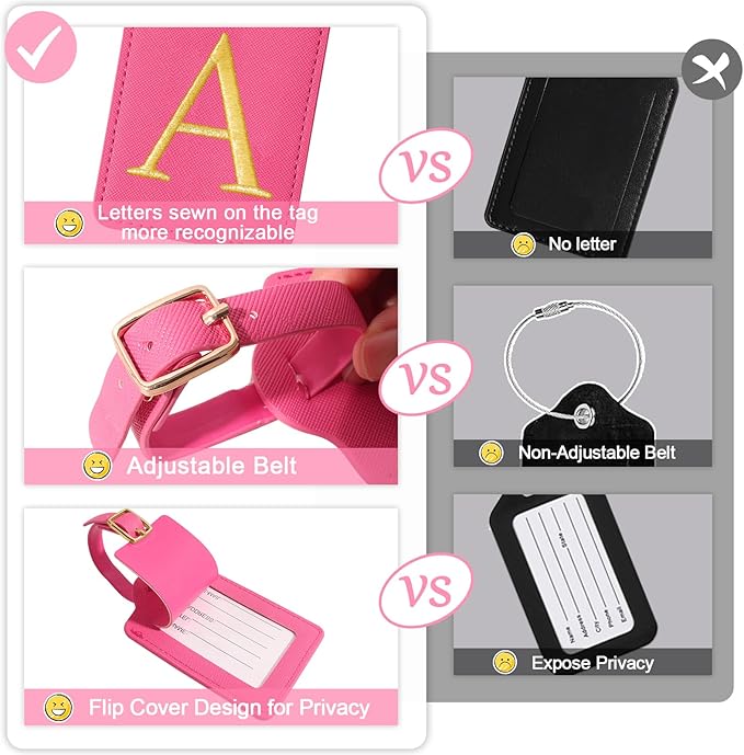 Initial Luggage Tags for Suitcases, Cute Embroidered Letter Luggage Bag Suitcase Identifier Name Baggage Tag, PU Leather Travel Luggage Tags, Bag Tags for Men Women Kids Luggage Handbags(Rosered A)