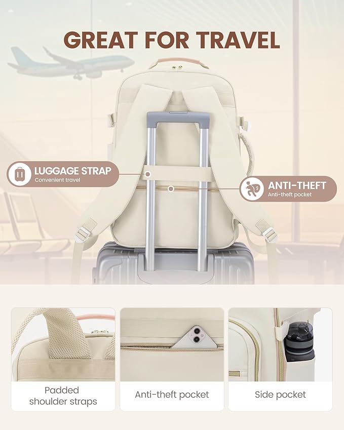 LOVEVOOK Travel Backpack for Women & Men 50L,Airline Approved Carry On Backpack Travel Essential,TSA Carry on Luggage,Waterproof Personal Item Travel Bag,Suitcase with 3 Packing Cube,Beige-Flesh beige